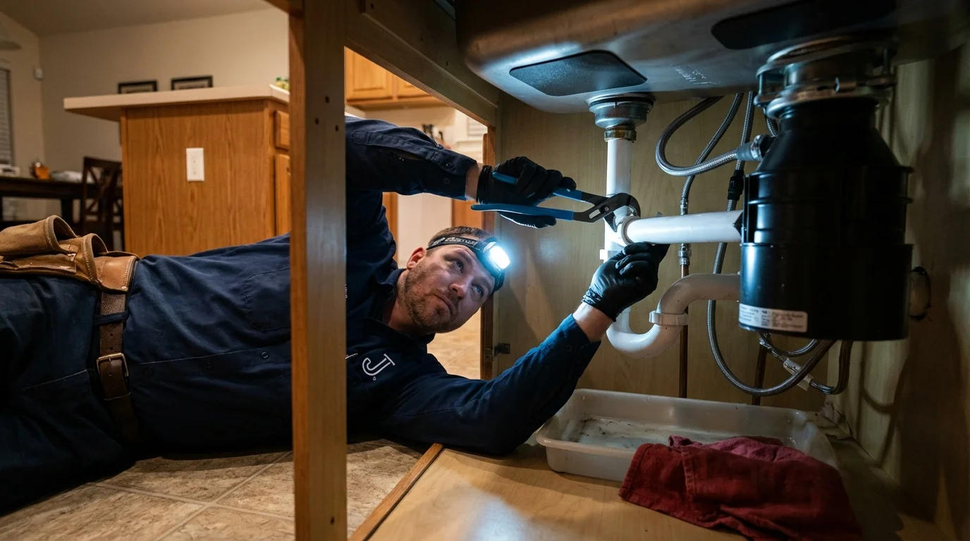 P-trap and supply line connections under a kitchen sink showing a common leak point in Newberry, FL